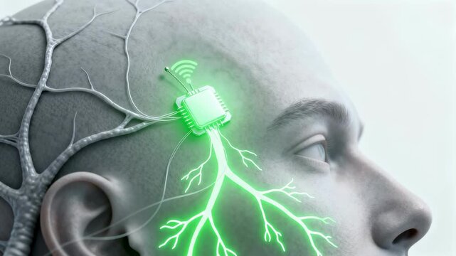 Closeup Head With Neural Implant Glowing, Chip Attached To Temporal Cortex, Thin Wires Tracing Cortical Veins, Wireless Signal Icon Above Unit, Pulsing Green Electrical Currents Branching.
