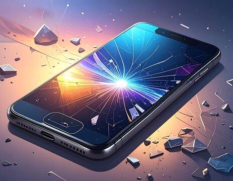Damaged smartphone screen with explosion.