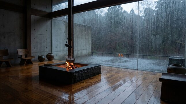 Japanese-inspired modern interior with warm firelight and blue rainy atmosphere