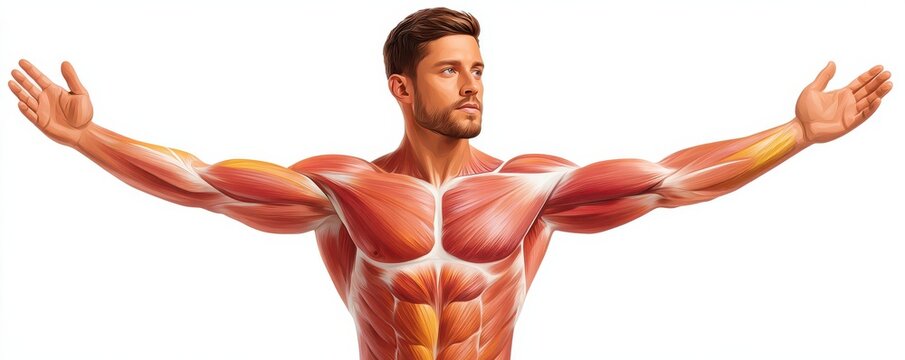 Anatomical illustration of the human muscular system highlighting chest, arms and torso muscles