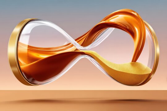 Hourglass shaped like an infinity symbol with flowing golden sand evoking time and continuity