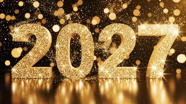 2027 golden glitter numbers on reflective surface highlighting geometric patterns and contemporary art