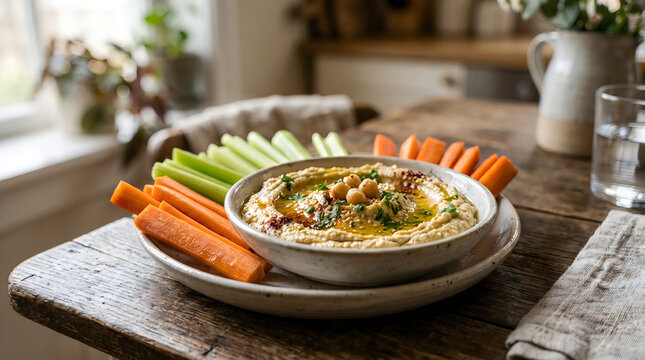 Hummus with carrot and celery sticks on a wooden table
