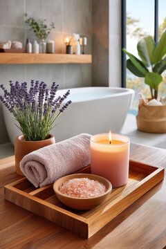 Relaxing spa scene with lit candle, lavender, Himalayan salt and rolled towel by bathtub