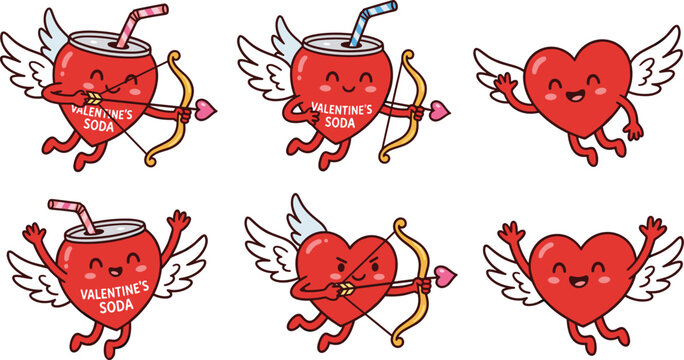 Cute Valentine's Day Soda Can and Flying Heart Mascot Characters Set with Cupid Bow and Arrow for Romantic Greeting Cards and Love Designs