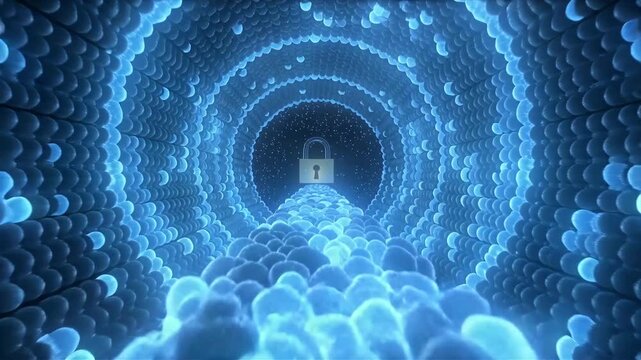 Glowing blue quantum particle tunnel leading to a bright padlock icon. A flying point of view representing secure encrypted network data transmission and cyber privacy.