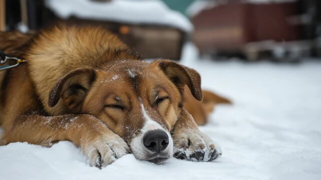 A brown dog with a white patch on its face lying comfortably in the snow with snowflakes gently falling onto its head and chest. It's surrounded by a serene winter landscape.