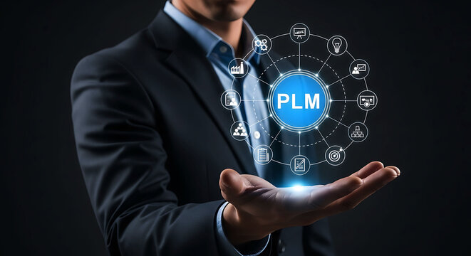 Business Man Holding PLM Product Lifecycle Management Digital Interface Icon