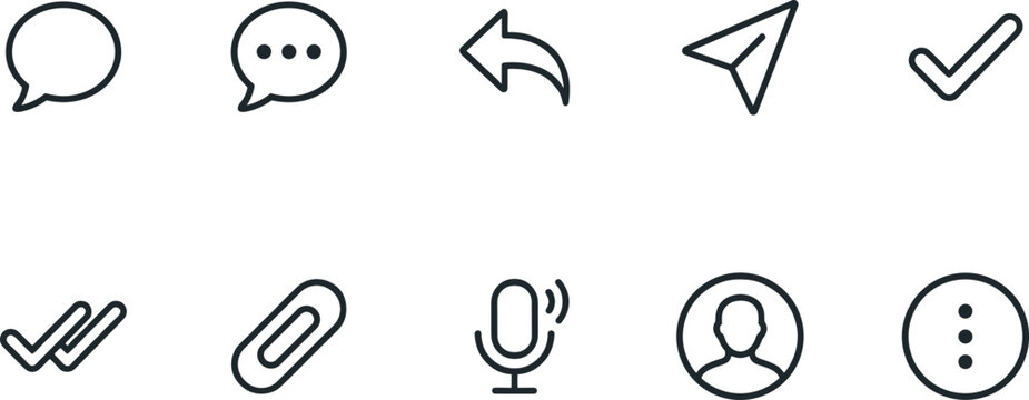 Messenger and social communication outline icon set featuring chat bubble send reply attachment user for SaaS mobile app interface minimal UI vector design collection.