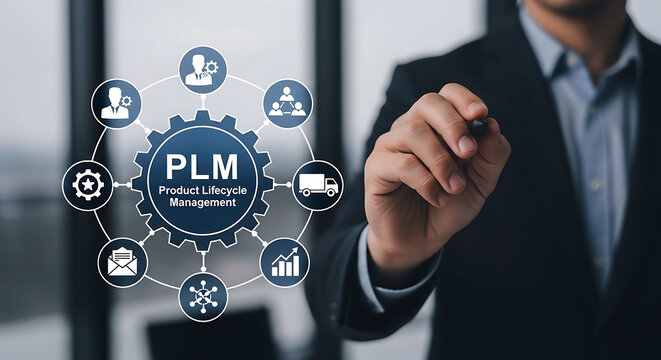 Business Professional Pointing at PLM Product Lifecycle Management Digital Icon