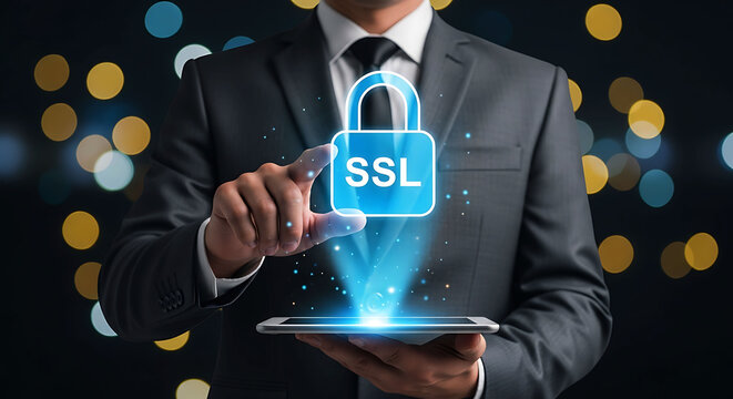 Businessman touching SSL security lock icon for web data protection and privacy