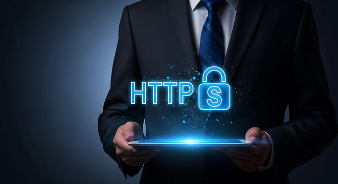 Businessman holding tablet with HTTPS secure protocol and lock icon for safety