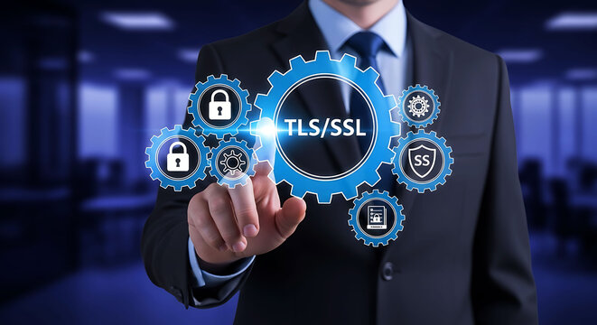 Businessman Touching TLS SSL Security Certificate Interface with Digital Gears
