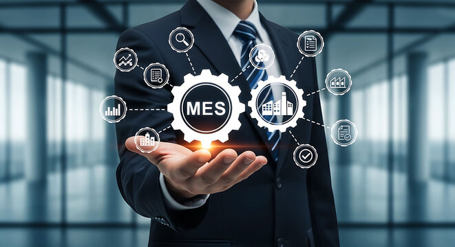 Manufacturing Execution System MES concept with businessman holding digital gears