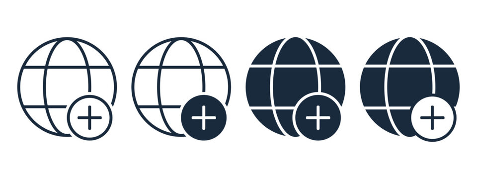 Global Network Icon with Globe and Plus Symbol. Add Connection. Vector Illustration