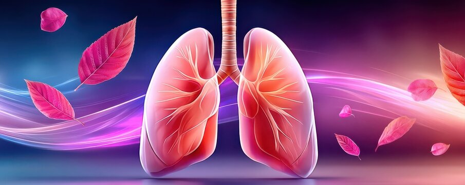 Illustration of human lungs with vibrant purple background highlighting respiratory health and breathing