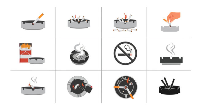 Smoking icons and symbols: ashtray, cigarette, no smoking sign, pack