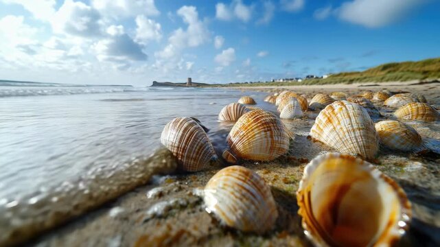 A vibrant beach scene with shells left behind by waves.