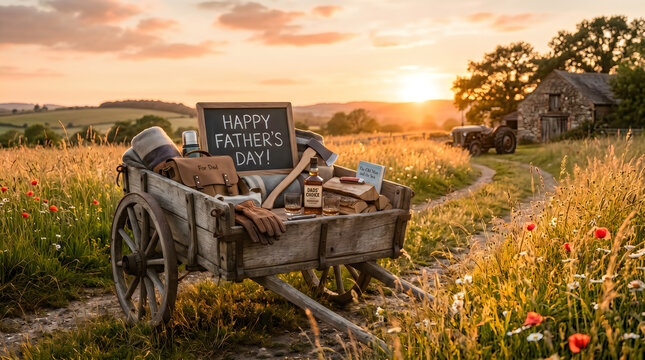 Father's Day rustic wagon with tools in field at sunset