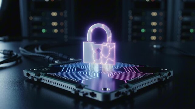 Glowing padlock hologram on a futuristic microchip. Neon quantum circuits light up, symbolizing advanced cryptography hardware and secure data processing against a dark lab background.