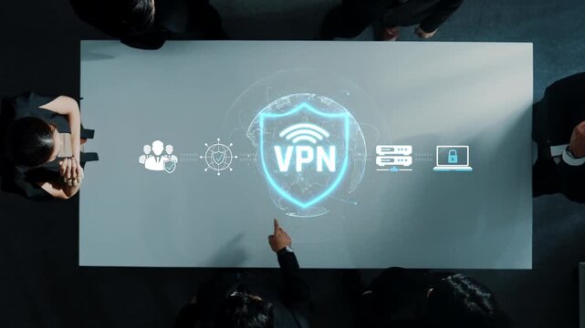 Modern Office Meeting Discussing Cybersecurity Solutions with VPN Technology and Networking Graphics on Table Surface Sigmoid