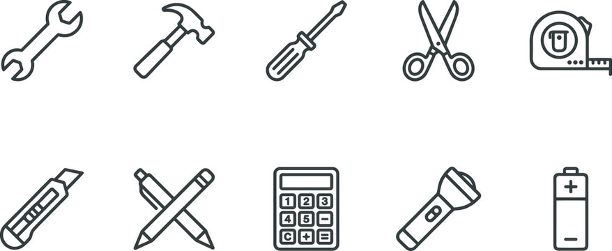 Hand tools and home repair outline icon set featuring wrench hammer screwdriver scissors calculator flashlight for maintenance service DIY minimal UI vector design collection.