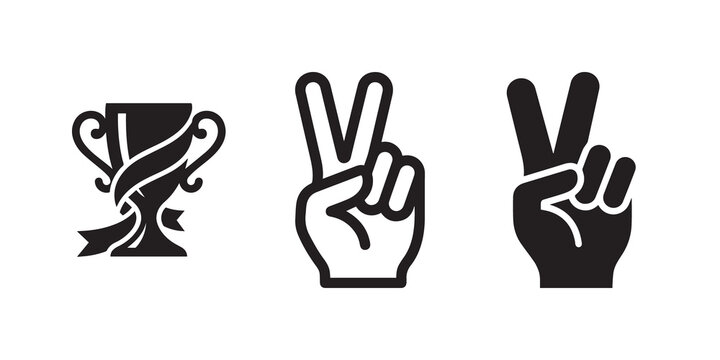 Victory, success, and peace icons, black line art symbols, hand gestures, trophy cup
