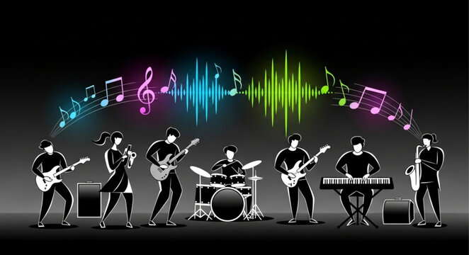 Band Performing Live Music with Colorful Sound Waves.