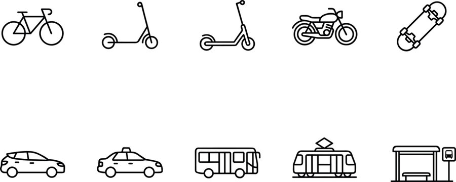 Urban transportation and city mobility outline icon set featuring bicycle scooter car bus taxi train for travel logistics navigation SaaS minimal UI vector design collection.