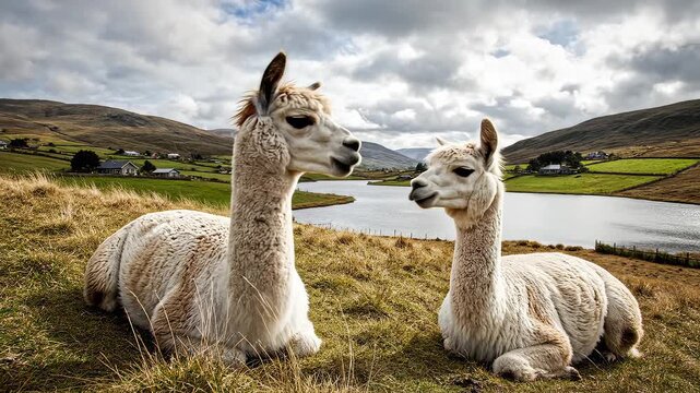 Two llamas resting in a scenic landscape symbolizing exploration and the great outdoors