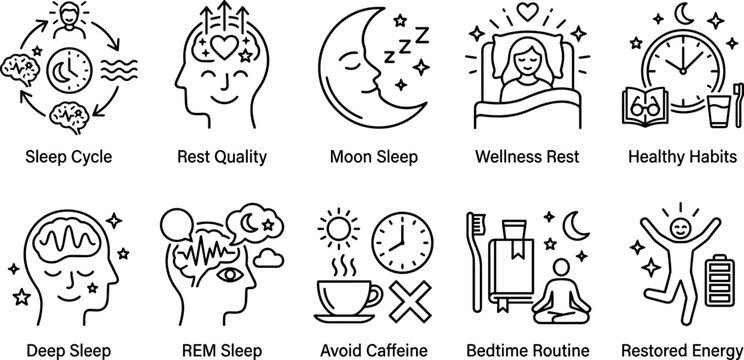 Sleep hygiene and wellness outline icon set featuring sleep cycle moon habits meditation routine for healthcare SaaS lifestyle mental health minimal UI vector design collection.