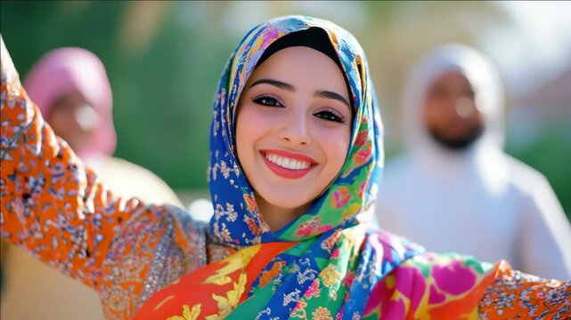 A happy young girl wearing a vibrant patterned hijab and smiling brightly with her hands outstretched, possibly celebrating or dancing. She is looking at the camera with enthusiasm.