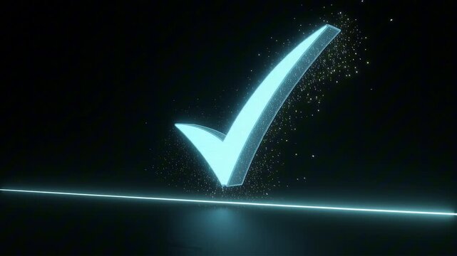 A holographic check mark symbol of glowing cyan neon traces itself from left to right in a smooth, repeating loop above a dark ground.