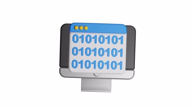 3d ux icon motion computer monitor displaying binary code in browser suitable for technology blogs, cybersecurity articles, web development projects, coding tutorials, and software advertisements.
