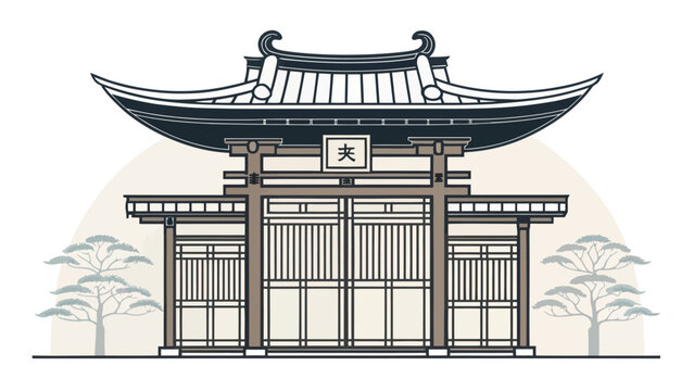 Traditional asian temple gate with ornate roof and trees