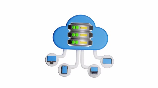 3d ux icon motion cloud computing network with a server rack suitable for tech blogs, it presentations, network security concepts, data management tutorials.