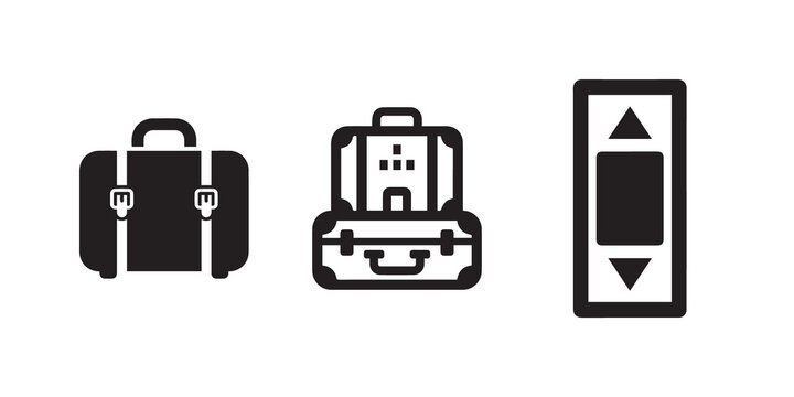 Travel icons, luggage symbols, airport signs, black and white graphics, transportation illustrations