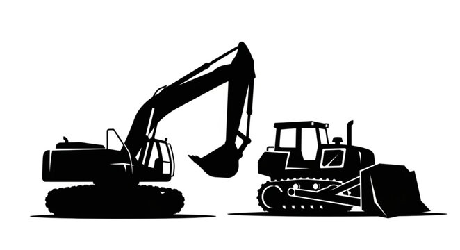 Silhouette of Excavator Heavy Machinery Construction Equipment.