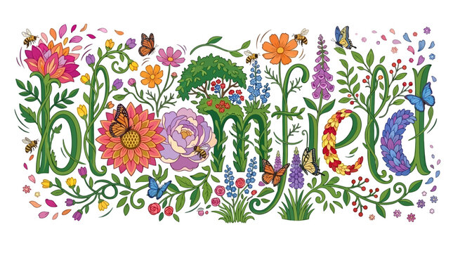 Vibrant floral illustration of blooming field with diverse flowers and insects.