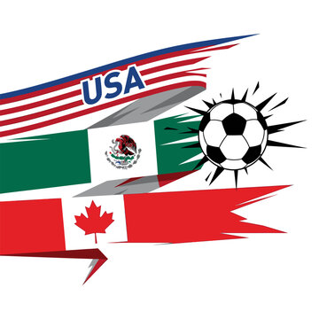 USA vs Mexico and Canada soccer flags with ball graphic illustration