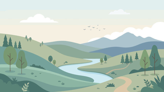 Flat vector illustration of a peaceful rural landscape with hills river and a small house at sunset