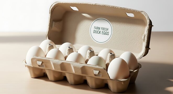 Duck eggs in carton packaging with minimal branding mockup, soft lighting, and clean composition, ideal for commercial concept, product design, and food packaging visuals.