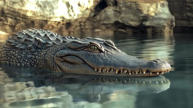 A captivating of a crocodile peeking out from the water, its jagged teeth and powerful jaw set against the backdrop of an ancient swamp.