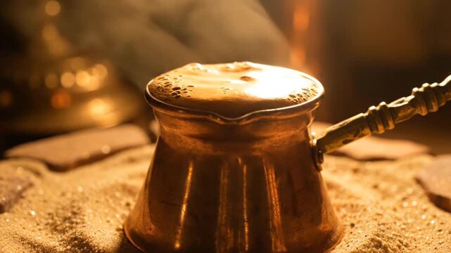 A traditional copper cezve (turk) filled with steaming coffee sits on hot sand, basking in warm golden light. The scene captures the essence of Eastern coffee-making ritual, evoking warmth and nostalg