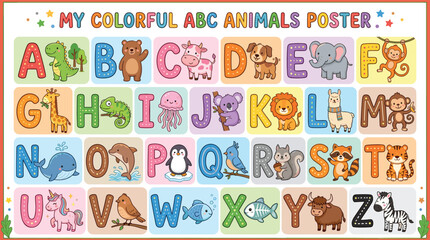 Obraz premium Colorful ABC Animals Poster for Kids with Cute Animal Illustrations for Learning Letters and Animal Names in Educational Designs