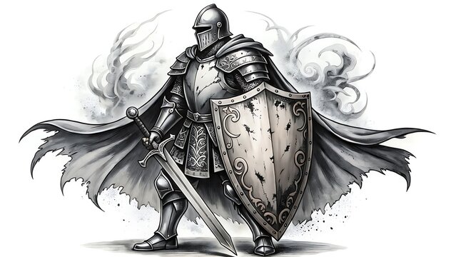 Valiant armored warrior stands ready for epic combat, wielding a mighty sword and ornate shield