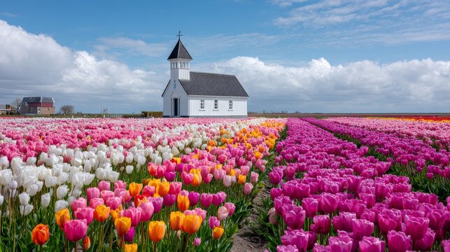 Endless pastel tulip field with a small white church in the distance for easter backdrop banner and spring landscape wallpaper with vibrant floral rows