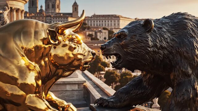 Bull and bear statues in cityscape ideal for B2B marketing and financial presentations