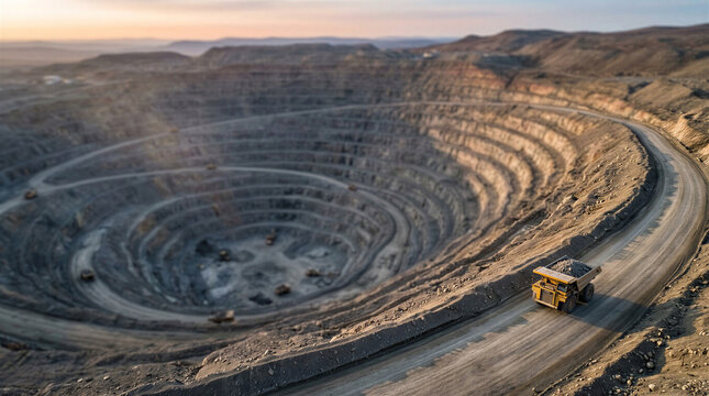 Mining truck driving along circular pit in open-pit mining site  