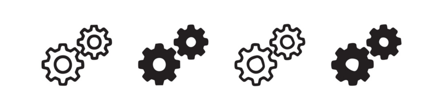 Double Gear Icons Set - Process and Mechanism - Outline, Solid, and Hand-Drawn